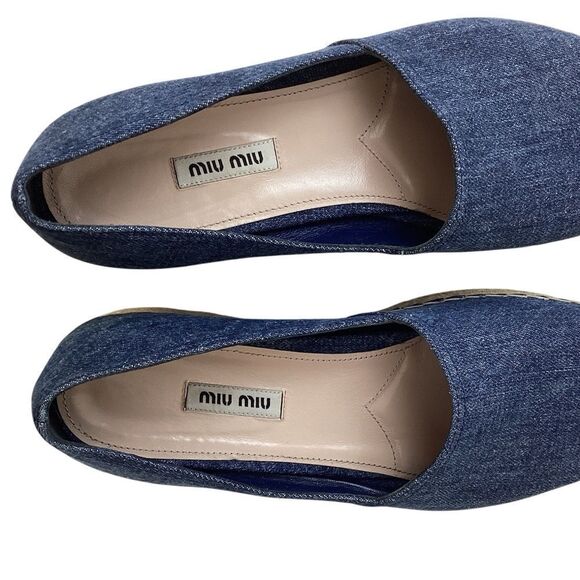 MIU MIU Size 39.5 Peep-Toe Blue Denim Platform Espadrille Sandals Slip On - Picture 4 of 11